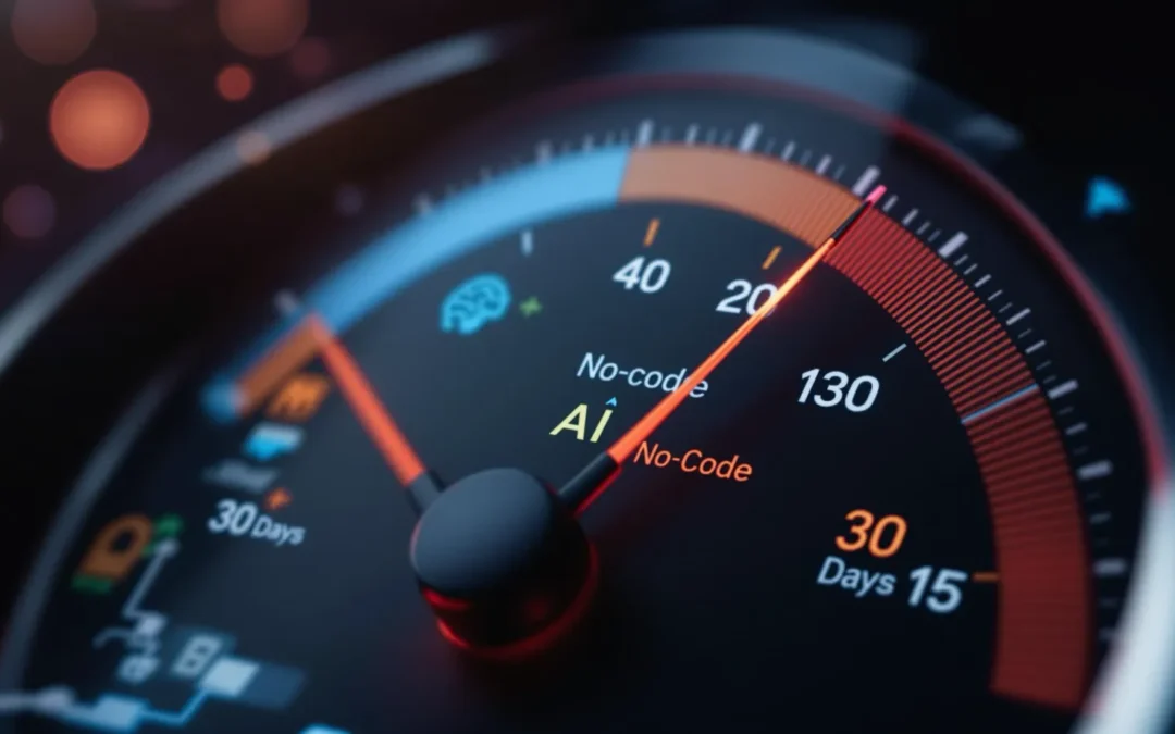 Speedometer with AI and no-code symbols, representing rapid startup launch.